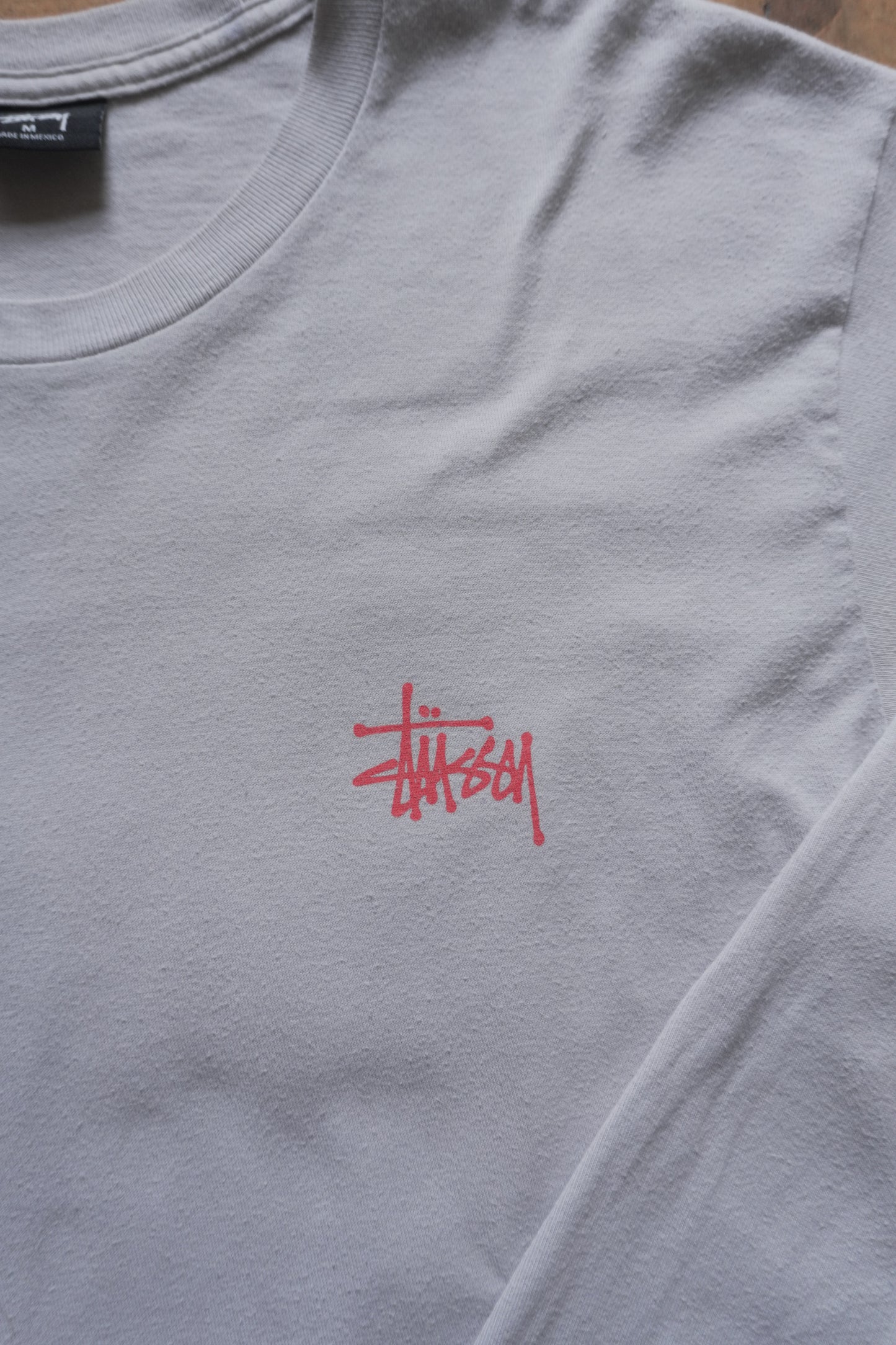 Vintage Stussy Long Sleeved T-shirt Light Grey Early 2000's Y2K Men's Medium Cotton