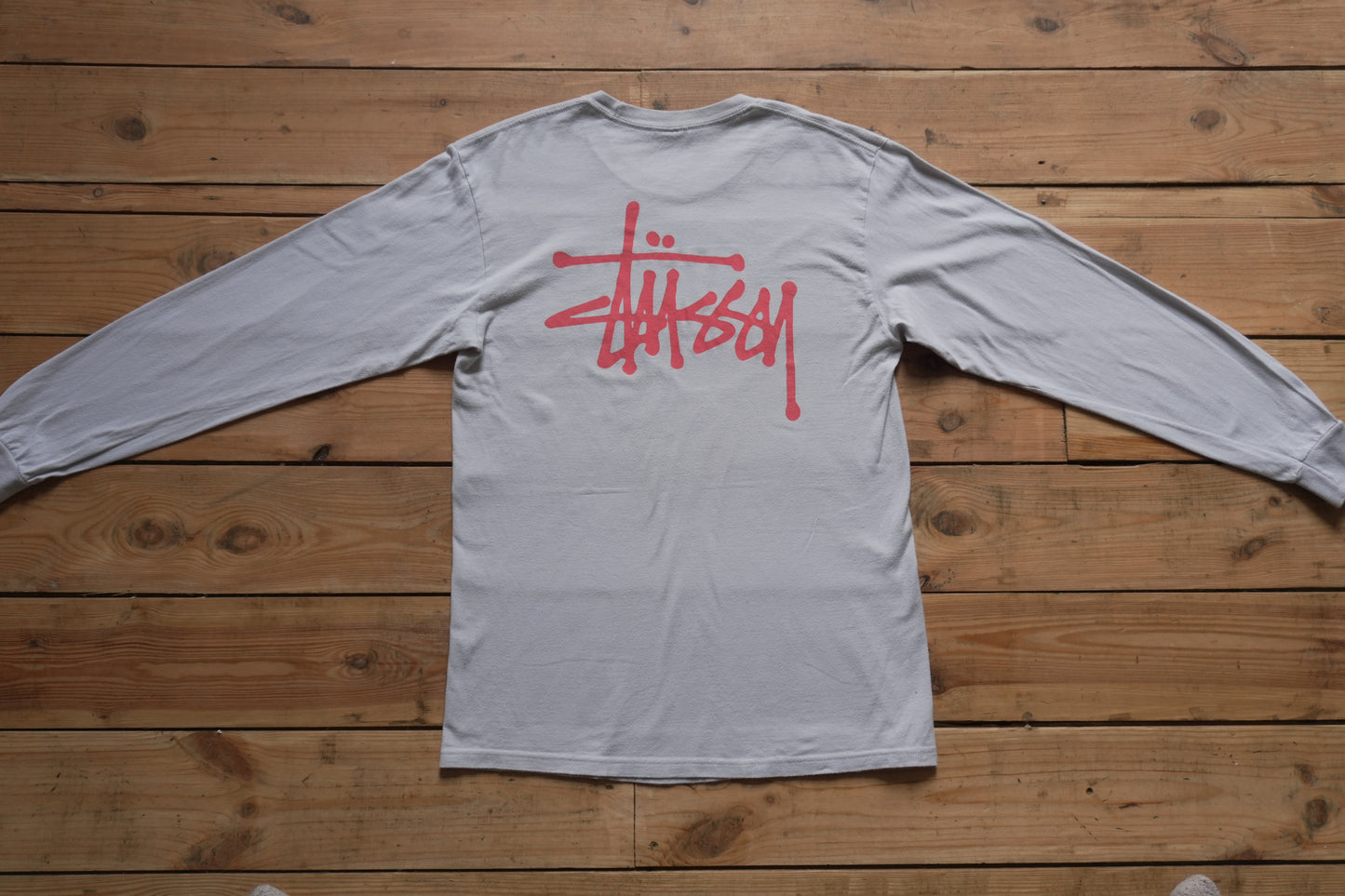 Vintage Stussy Long Sleeved T-shirt Light Grey Early 2000's Y2K Men's Medium Cotton