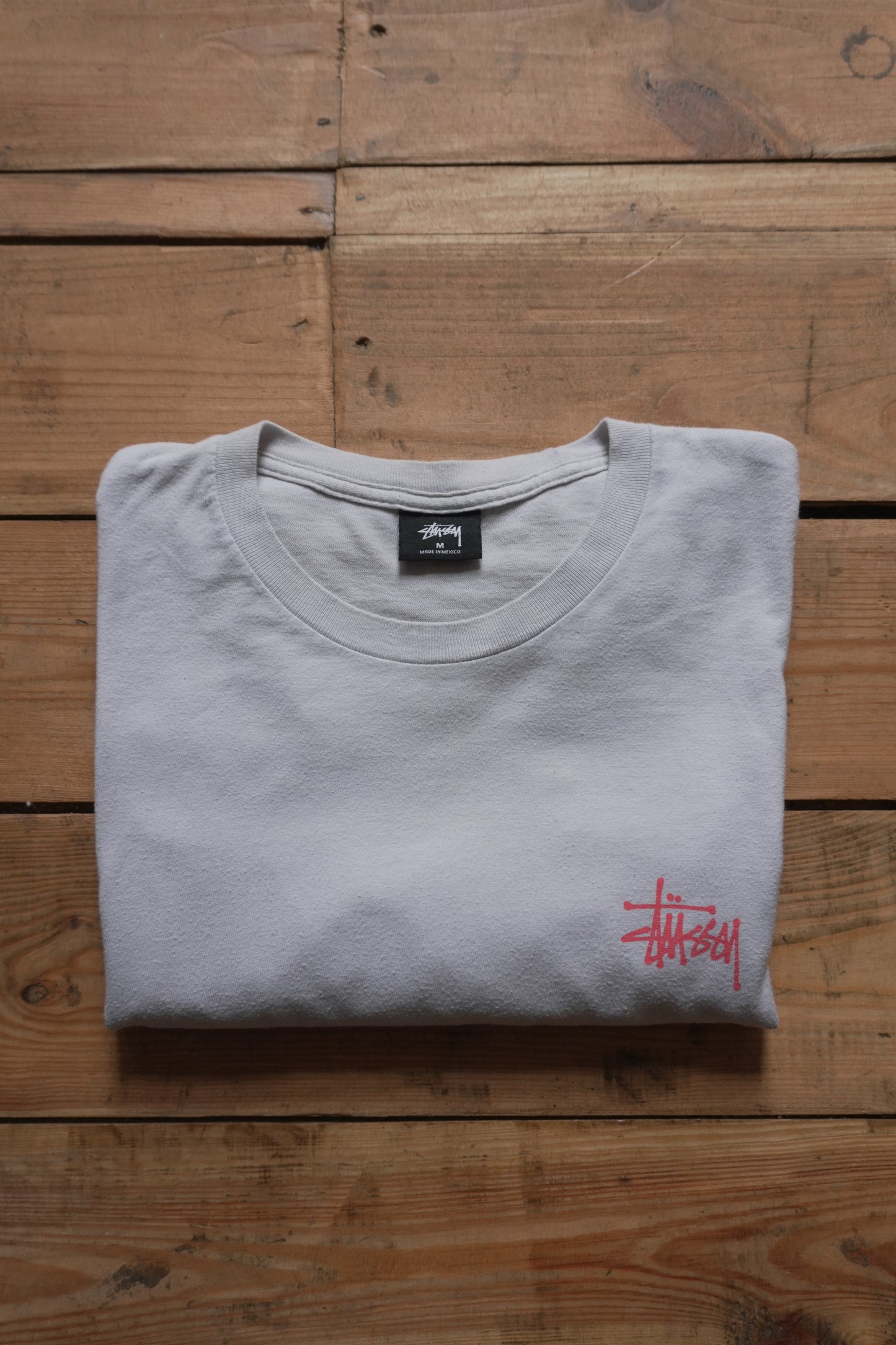 Vintage Stussy Long Sleeved T-shirt Light Grey Early 2000's Y2K Men's Medium Cotton