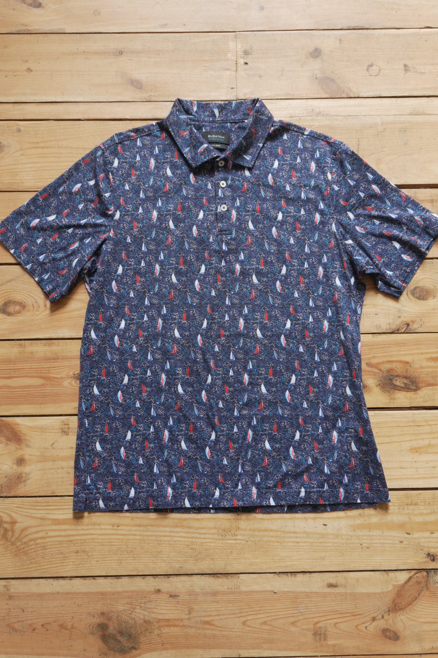 Polo Shirt Bugatchi Dark Blue Sail Boat Print Men's Large Short Sleeve Summer Top