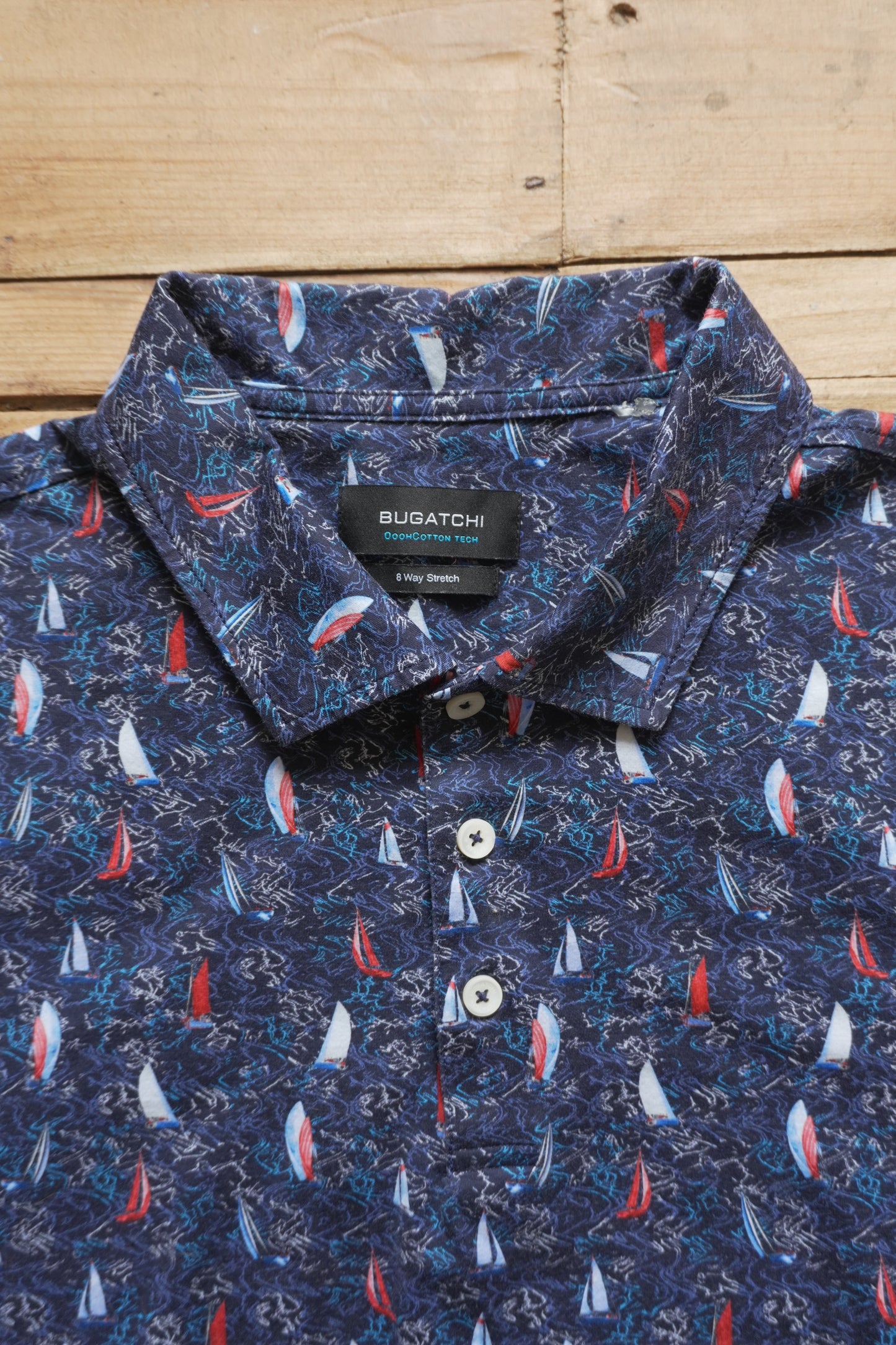 Polo Shirt Bugatchi Dark Blue Sail Boat Print Men's Large Short Sleeve Summer Top