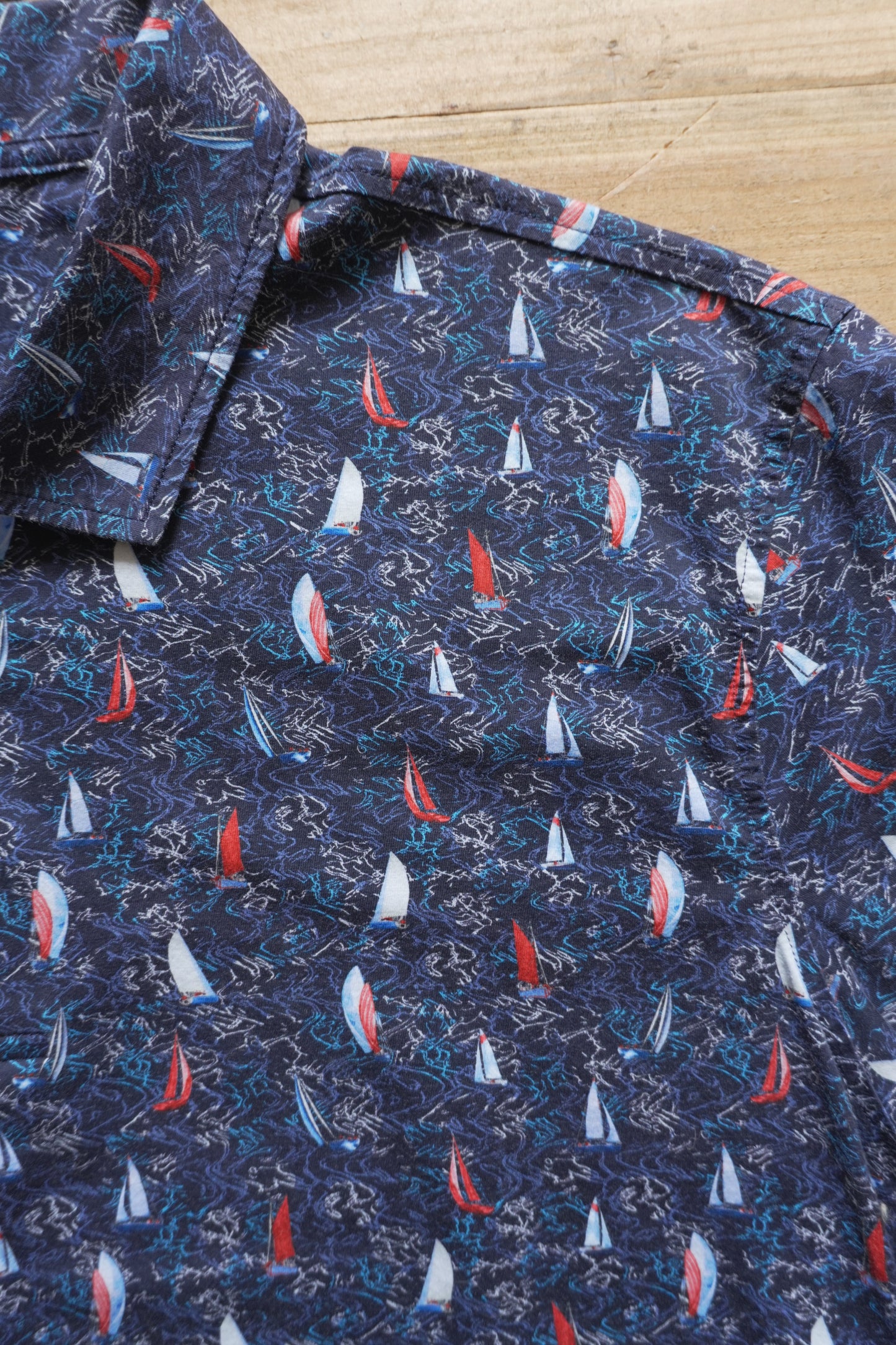 Polo Shirt Bugatchi Dark Blue Sail Boat Print Men's Large Short Sleeve Summer Top