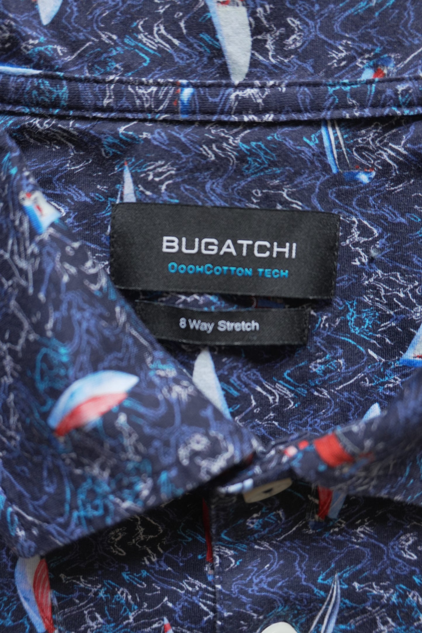 Polo Shirt Bugatchi Dark Blue Sail Boat Print Men's Large Short Sleeve Summer Top