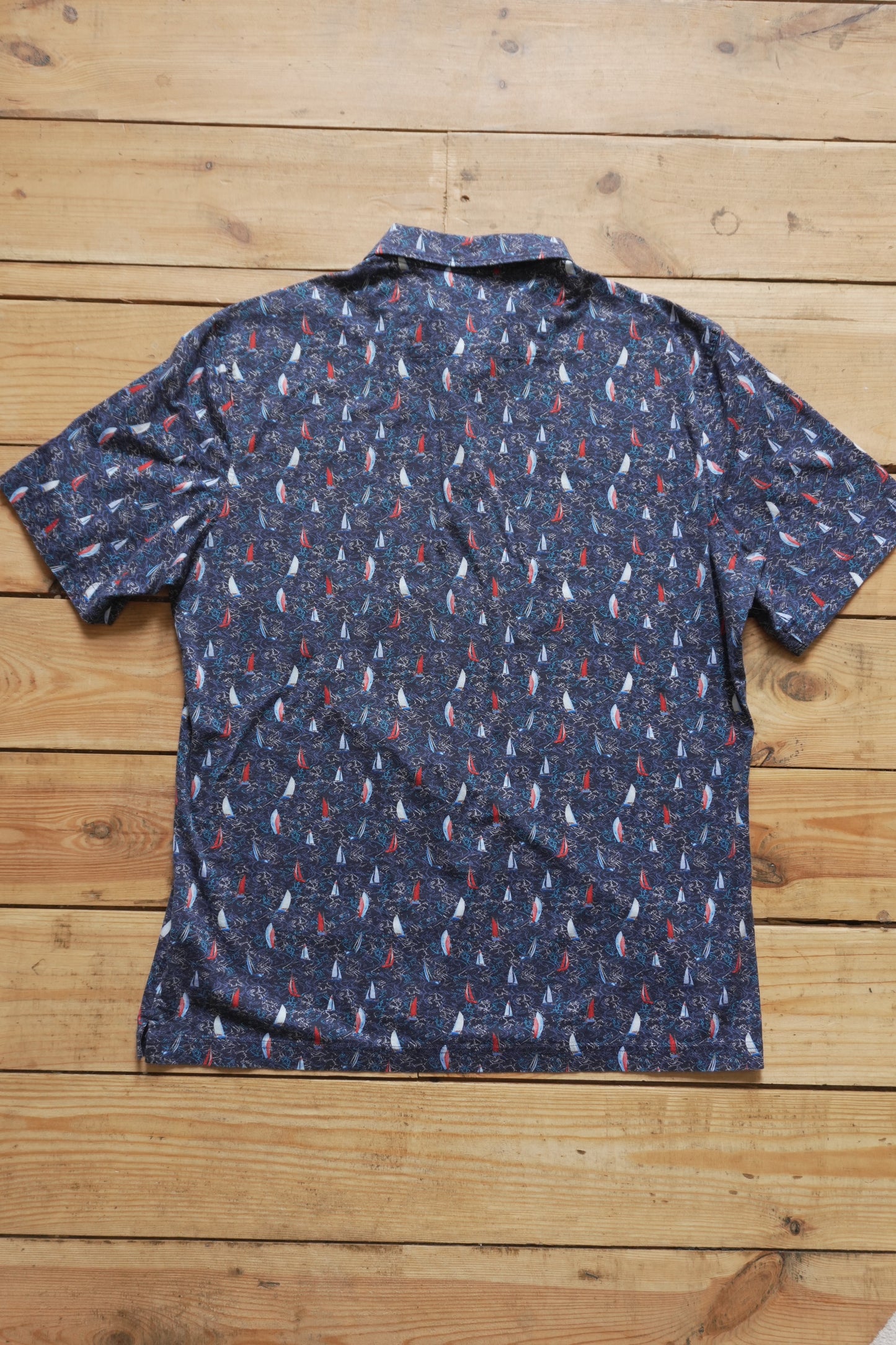 Polo Shirt Bugatchi Dark Blue Sail Boat Print Men's Large Short Sleeve Summer Top