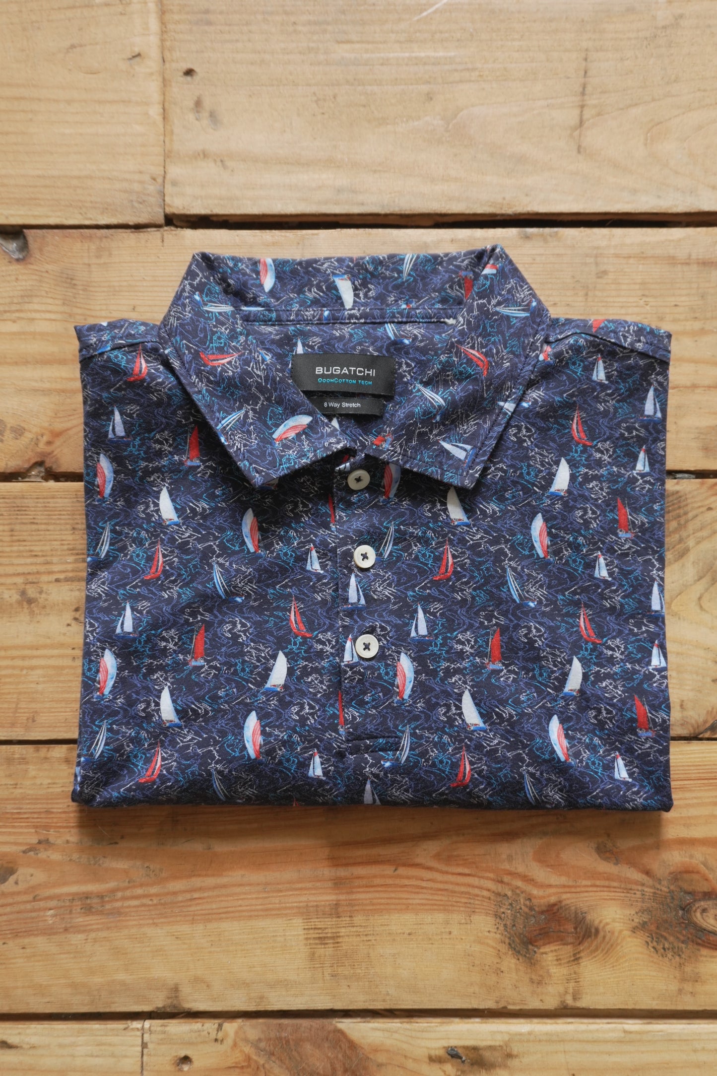 Polo Shirt Bugatchi Dark Blue Sail Boat Print Men's Large Short Sleeve Summer Top