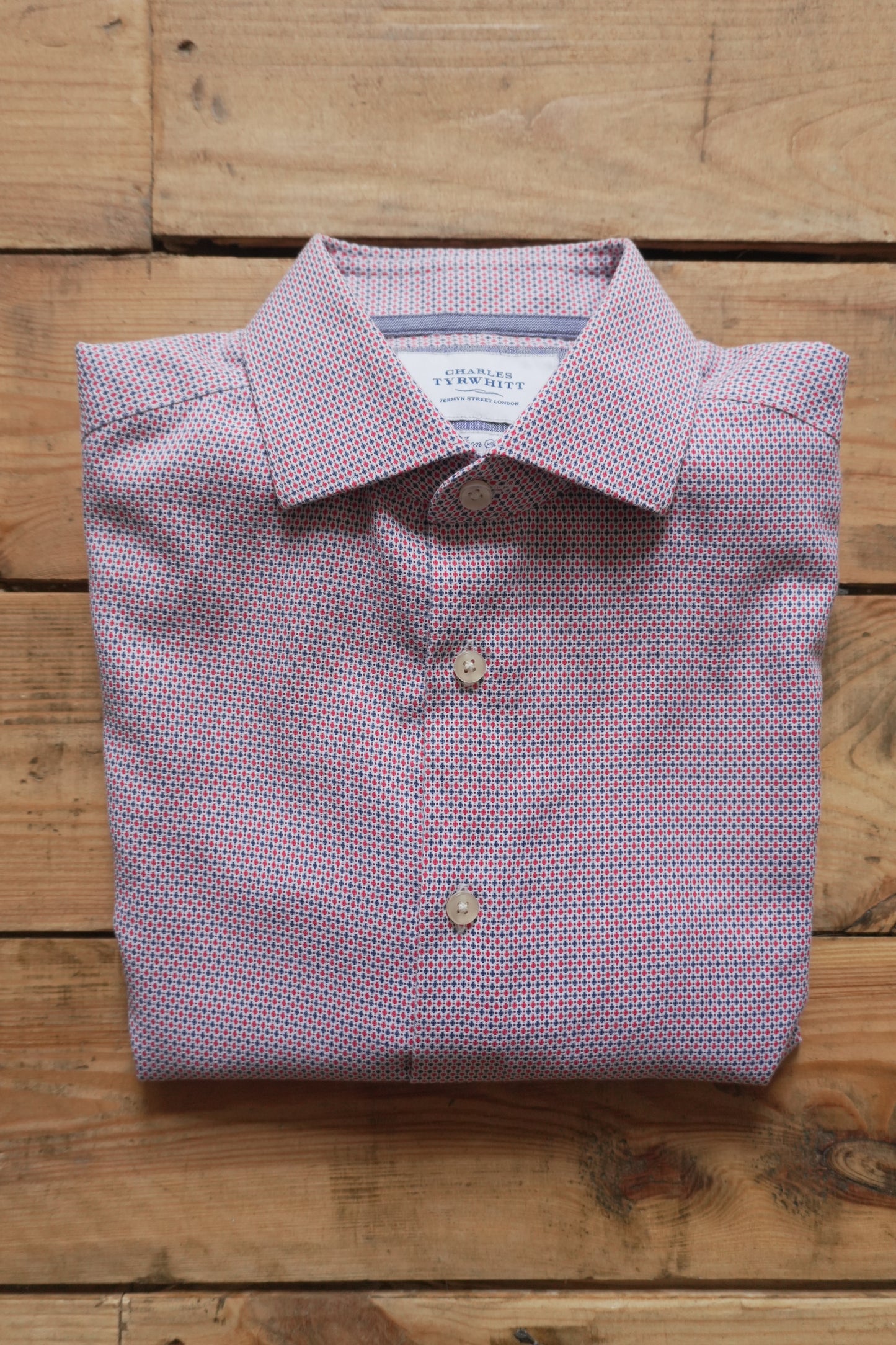 Charles Tyrwhitt Shirt Slim Fit Non Iron 15 1/2 Inch Men's Medium Red Blue Dot Geo Print Long Sleeve