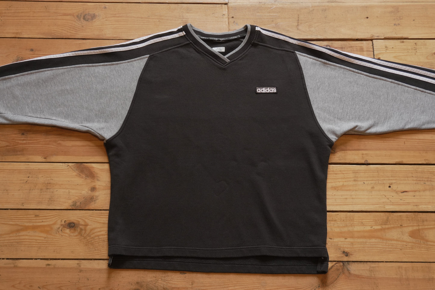 Vintage Adidas Sweatshirt Black White Grey V-neck White Arm Stripes Men's XL