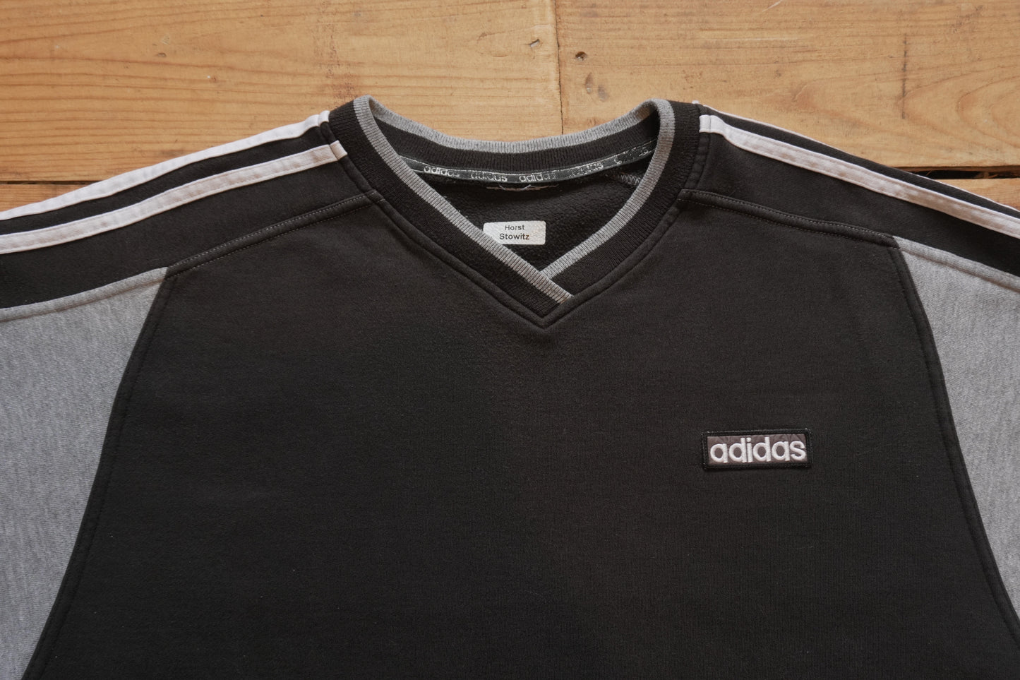 Vintage Adidas Sweatshirt Black White Grey V-neck White Arm Stripes Men's XL