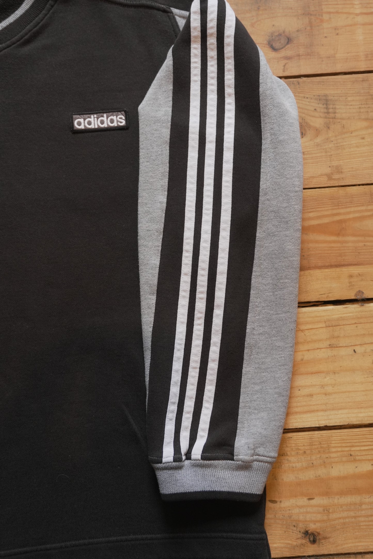 Vintage Adidas Sweatshirt Black White Grey V-neck White Arm Stripes Men's XL