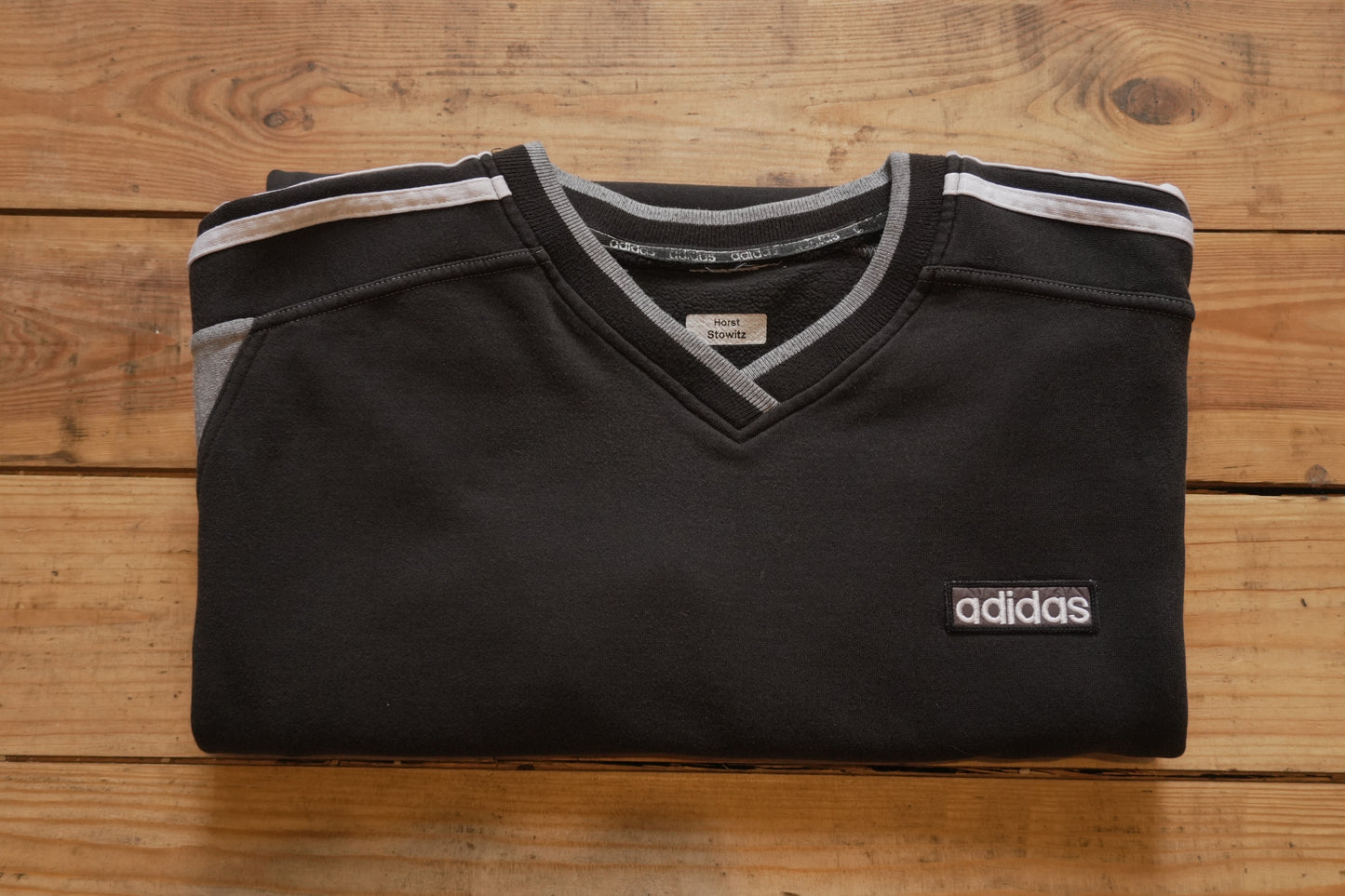 Vintage Adidas Sweatshirt Black White Grey V-neck White Arm Stripes Men's XL