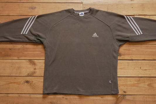 Adidas Sweatshirt Olive Khaki Green Grey Arm Stipe Men's XL Long Sleeve V-neck