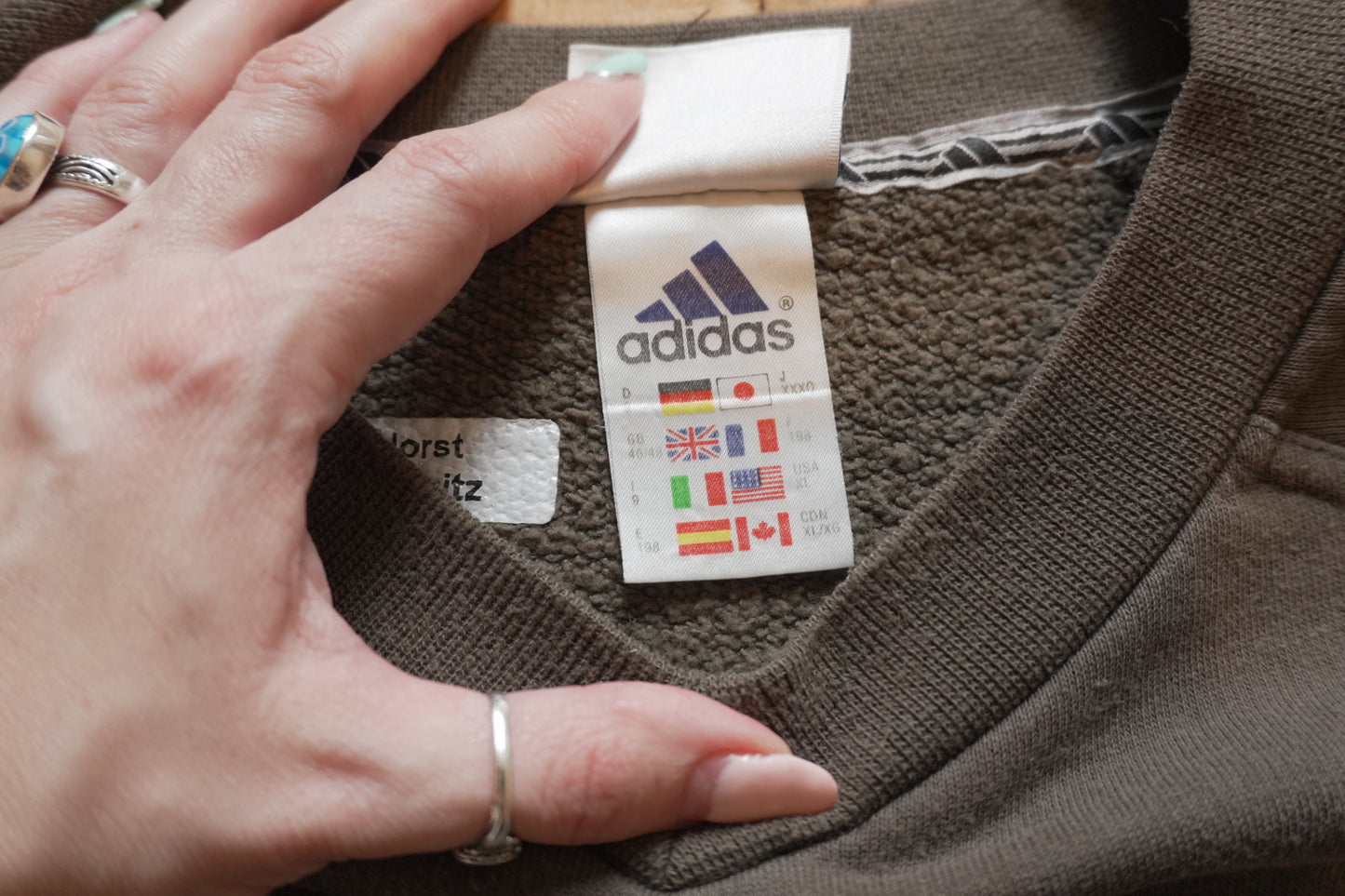 Adidas Sweatshirt Olive Khaki Green Grey Arm Stipe Men's XL Long Sleeve V-neck