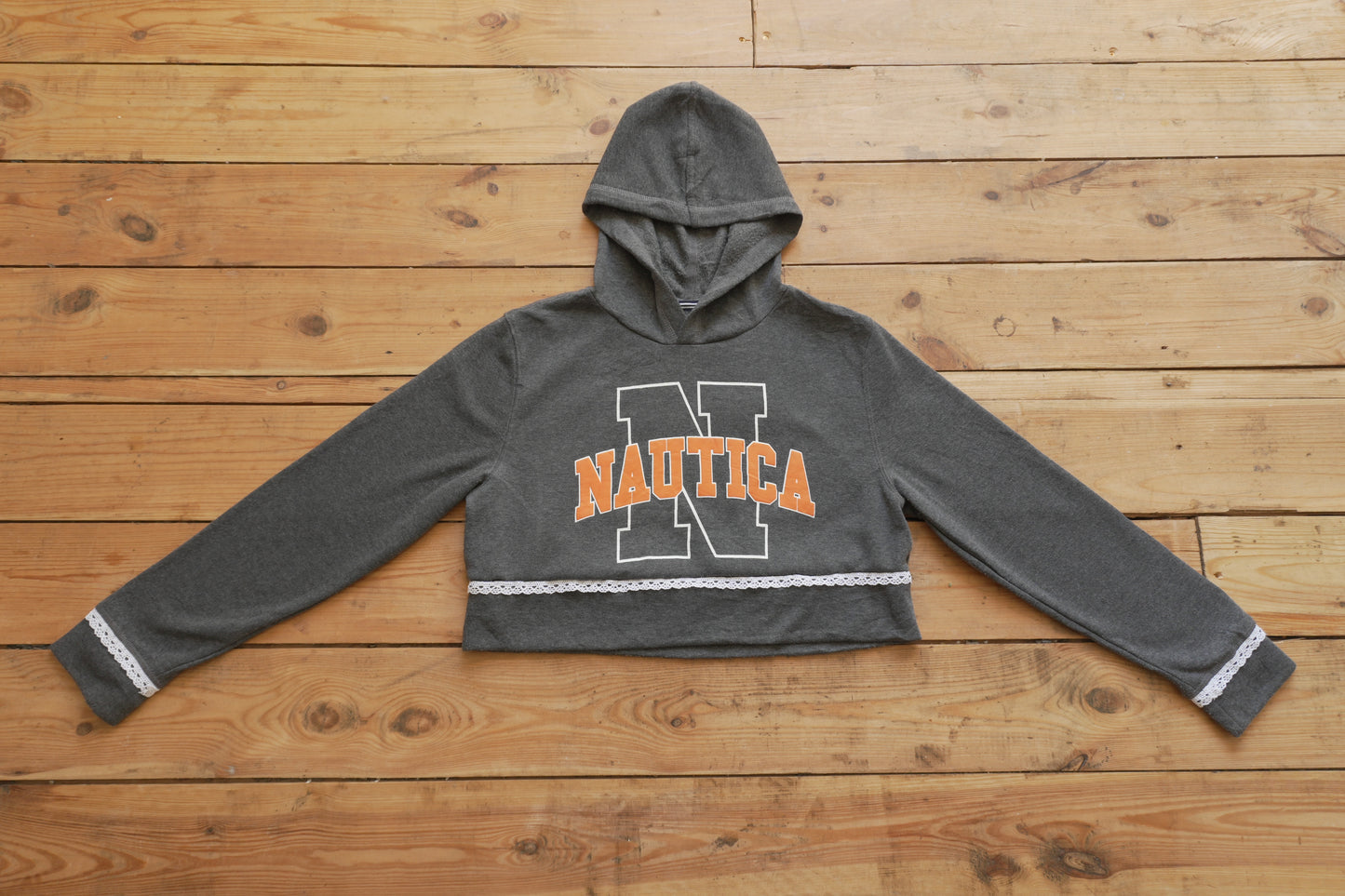 Vintage Nautica Cropped Hoodie Grey Orange White Lace Trim XL Rework Up-cycled