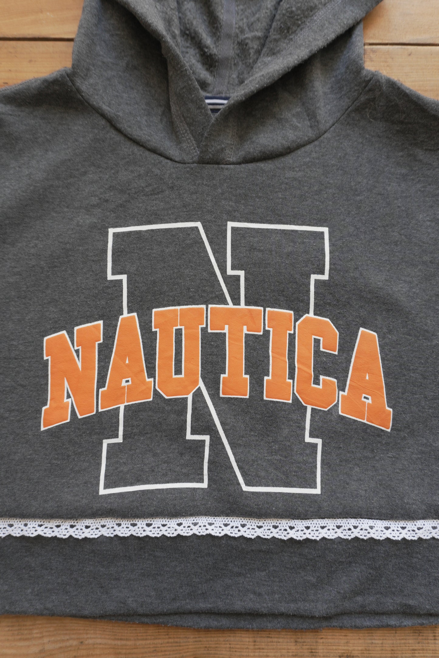 Vintage Nautica Cropped Hoodie Grey Orange White Lace Trim XL Rework Up-cycled