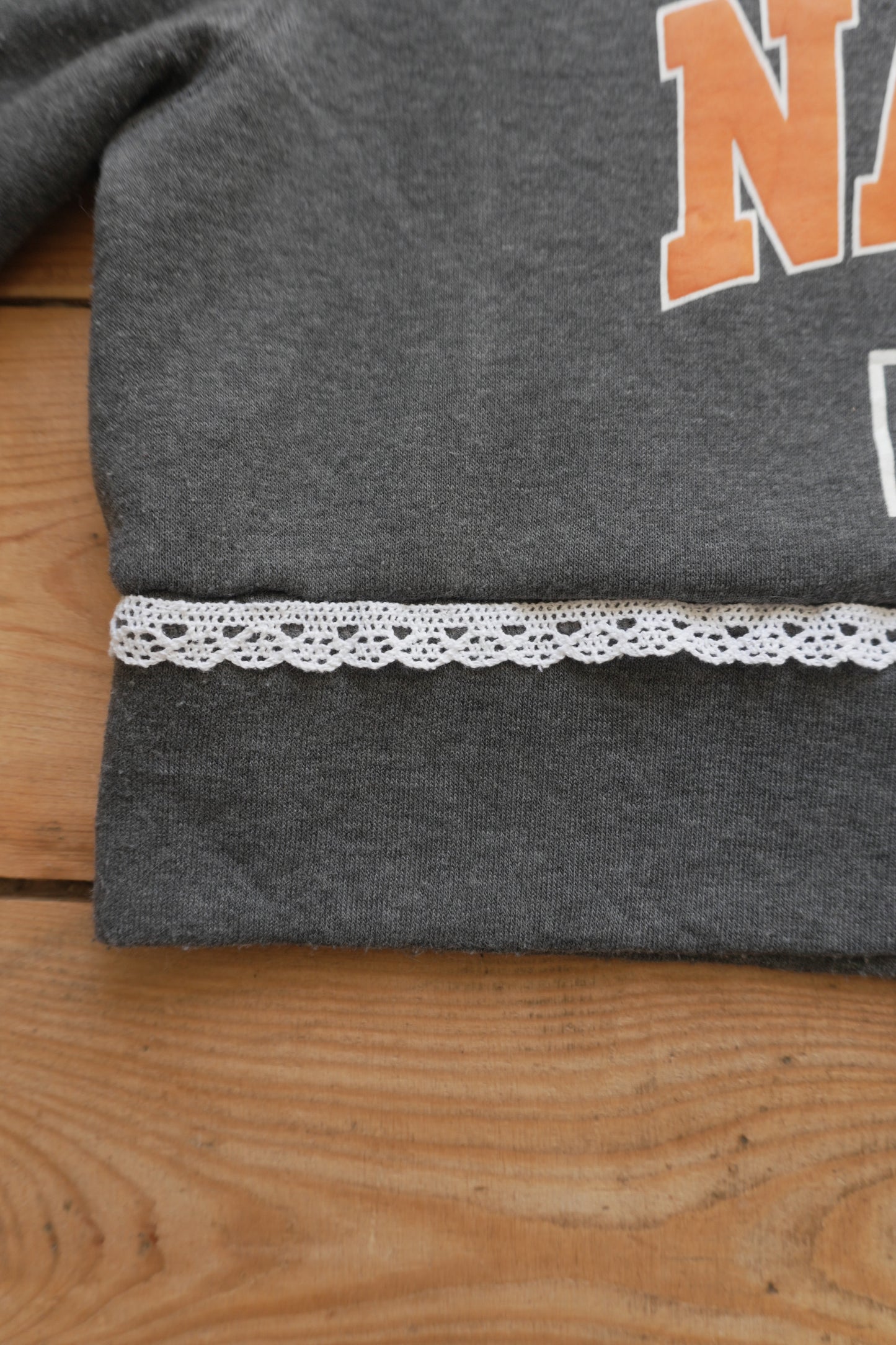 Vintage Nautica Cropped Hoodie Grey Orange White Lace Trim XL Rework Up-cycled