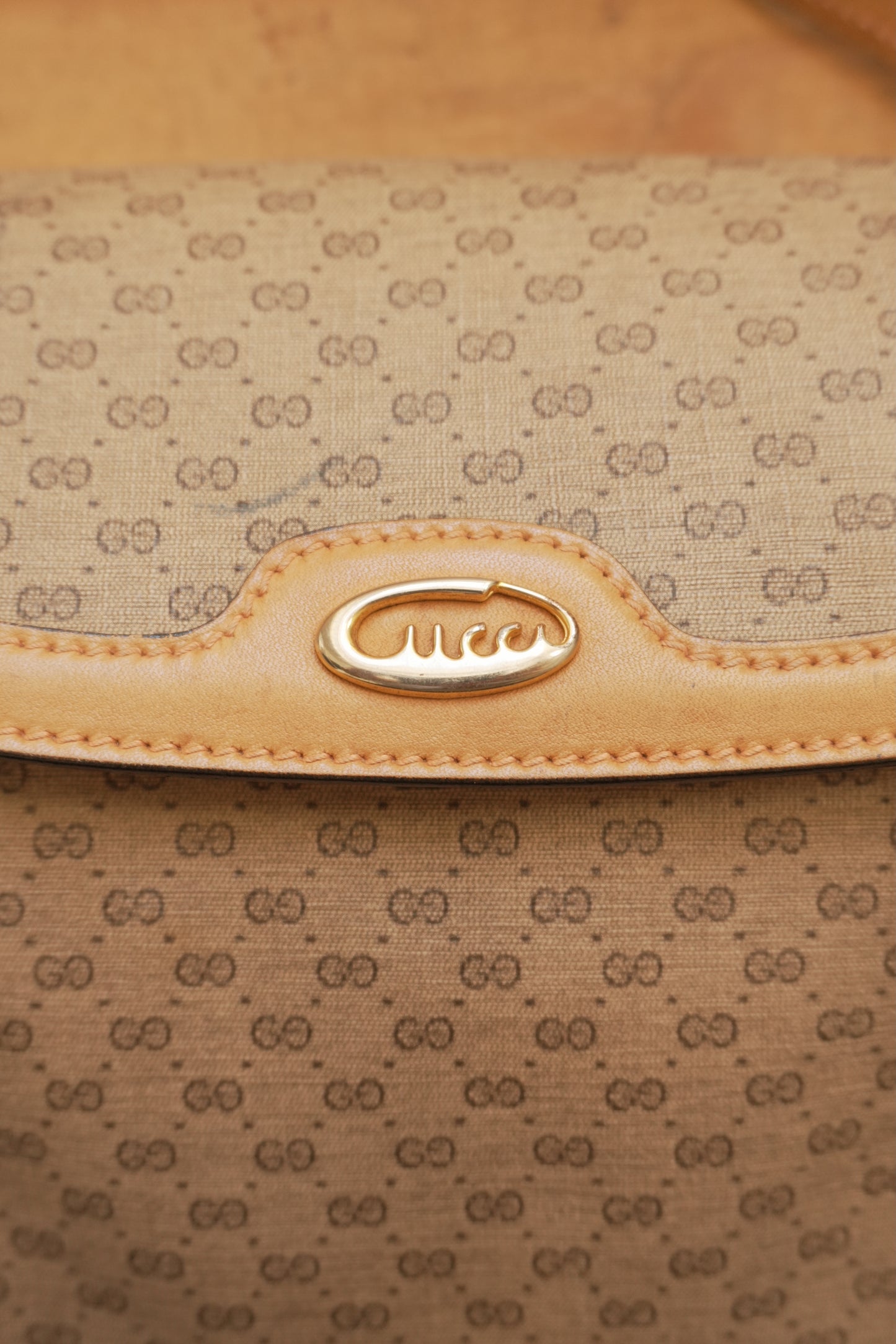 Gucci Vintage Brown Leather PVC Crossbody Bag Gold GG Logo 60s 70s