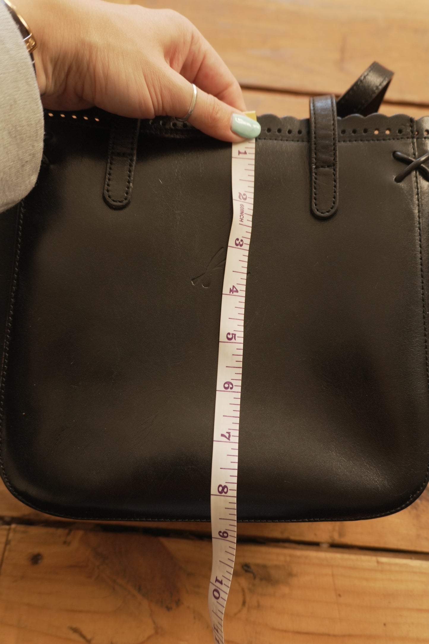 Vintage Tote Bag Black Leather Kitamara Frill Detail Women's Handbag Gold Zip Double Handle