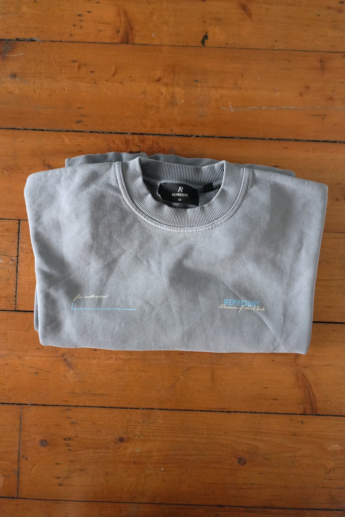 Represent Patron of the Club Sweatshirt – Washed Blue/Grey, Oversized Fit XS