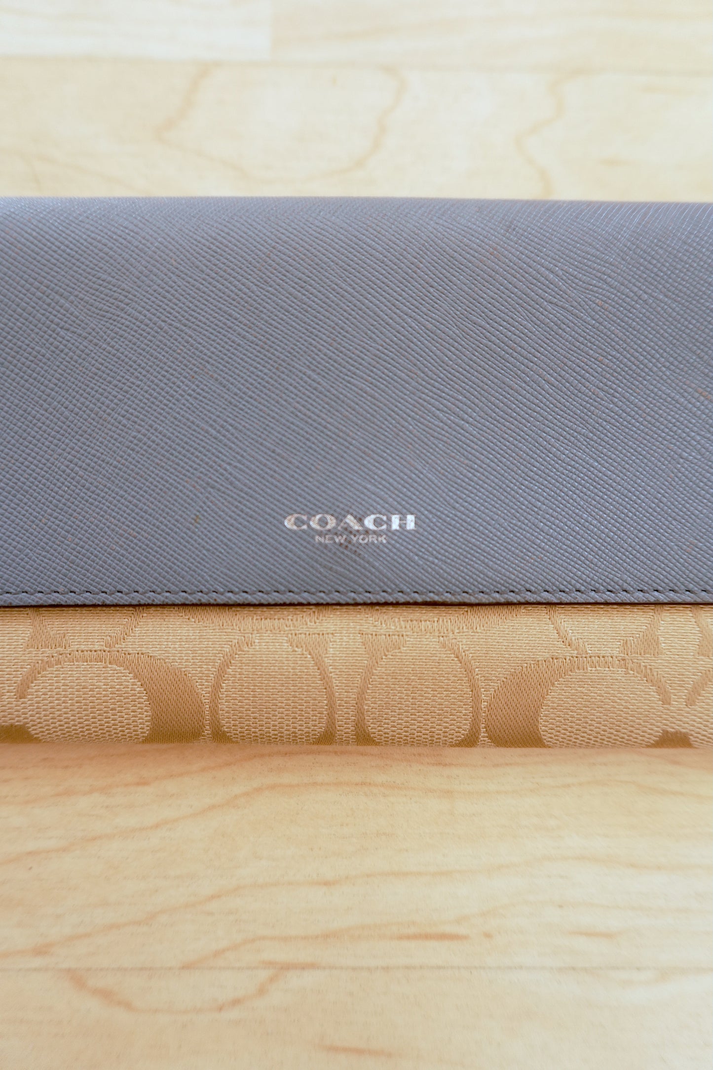 Vintage Coach Wallet Light Blue Beige Monogram Canvas Leather Long Flap Purse