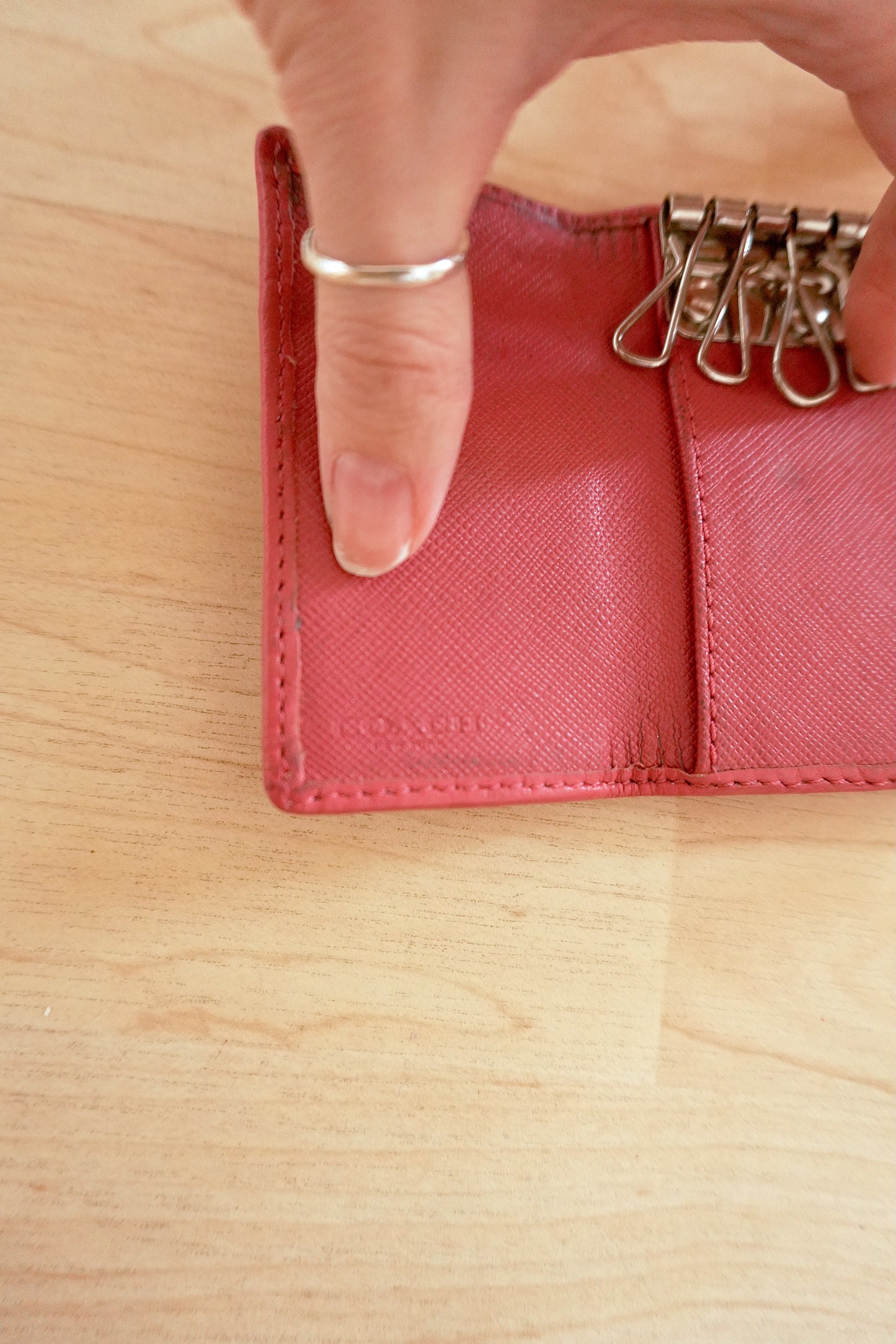 Coach Key Case Beige Canvas Pink Leather Monogram Silver Hooks Wallet