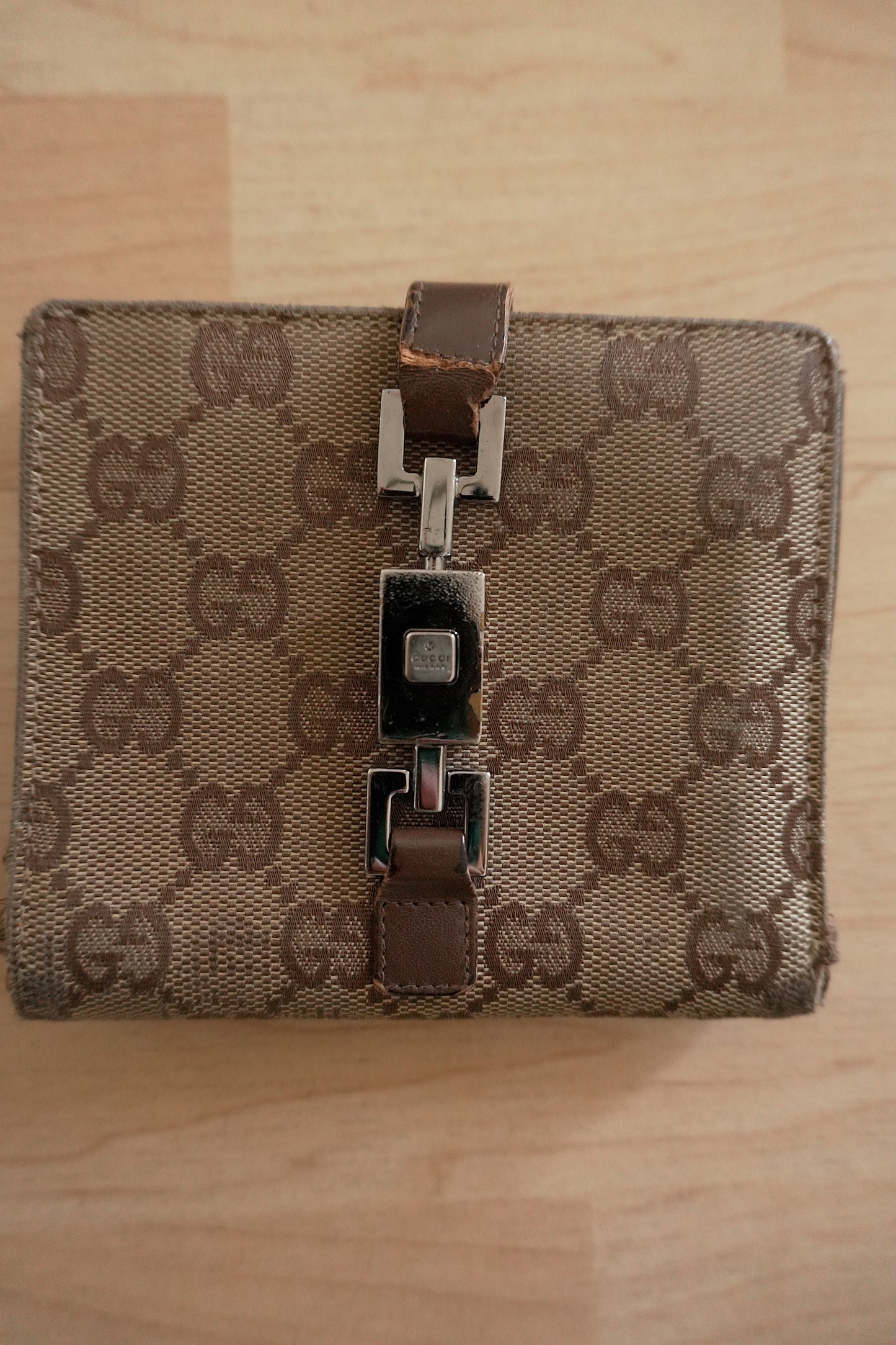 Vintage Gucci GG Monogram Wallet – Beige/Brown Canvas & Leather, Chain Detail