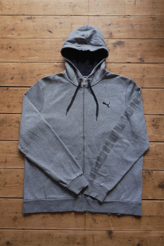 Hoodie Puma Grey Men's Large Full Zip Black Print on Sleeve
