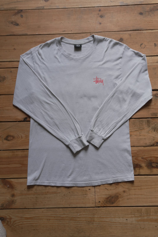 Vintage Stussy Long Sleeved T-shirt Light Grey Early 2000's Y2K Men's Medium Cotton