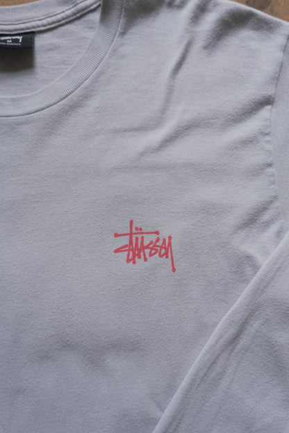 Vintage Stussy Long Sleeved T-shirt Light Grey Early 2000's Y2K Men's Medium Cotton