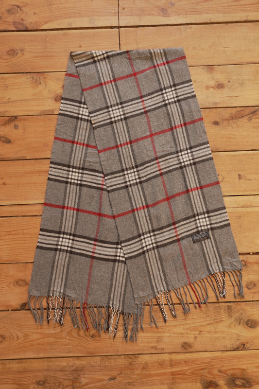 Scarf Vintage 80s 90s Burberrys 100 % Lambswool Grey Nova Check Pattern Wool Genuine Burberry