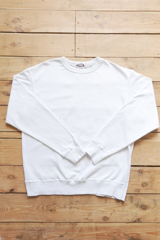 Vintage Champion Sweatshirt 90's Men White Large Dual "C" logos (Chest + Sleeve) Sportswear