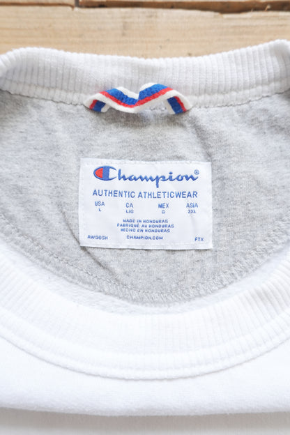Vintage Champion Sweatshirt 90's Men White Large Dual "C" logos (Chest + Sleeve) Sportswear