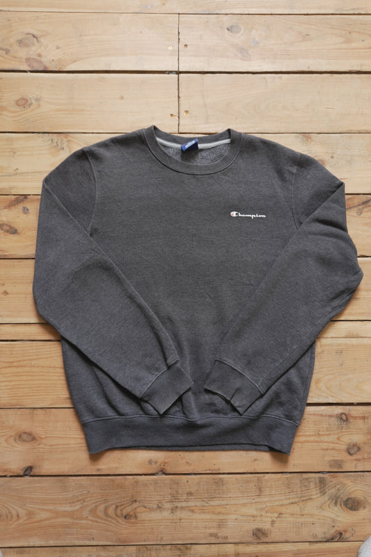 Vintage Champion Sweatshirt Dark Grey Crew Neck Logo on Front Men's Medium Sportswear