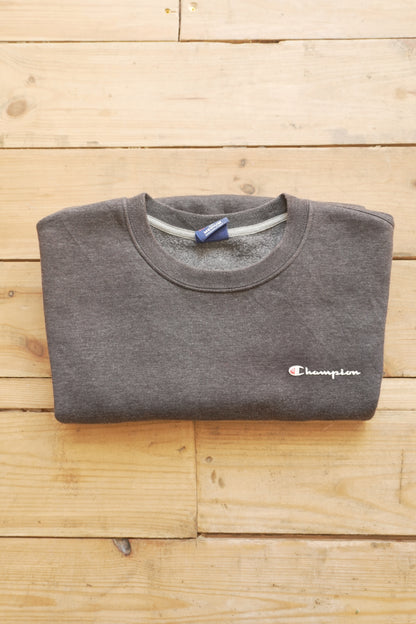 Vintage Champion Sweatshirt Dark Grey Crew Neck Logo on Front Men's Medium Sportswear