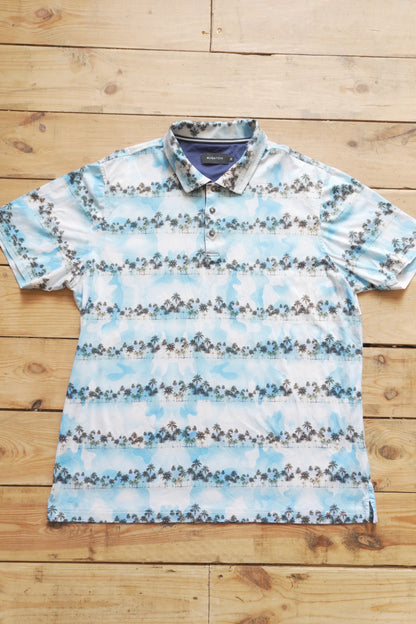 Polo Shirt Bugatchi Vintage Y2K Palm Tree Print Short Sleeve Men's XL Top Summer