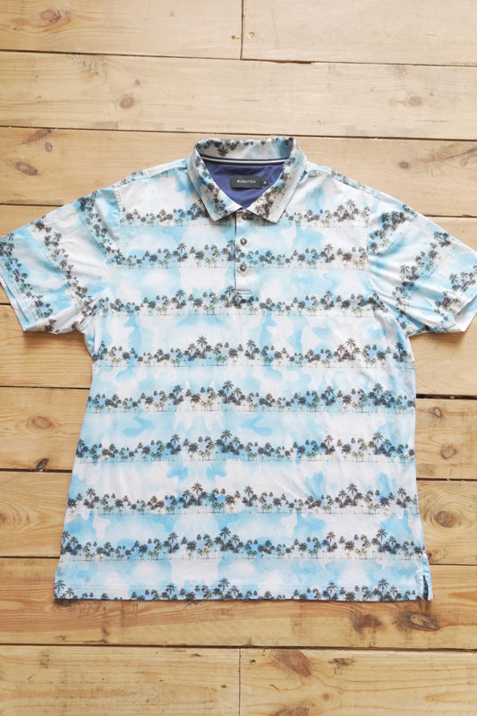 Polo Shirt Bugatchi Vintage Y2K Palm Tree Print Short Sleeve Men's XL Top Summer