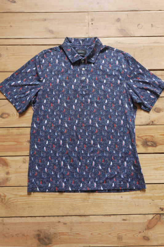 Polo Shirt Bugatchi Dark Blue Sail Boat Print Men's Large Short Sleeve Summer Top