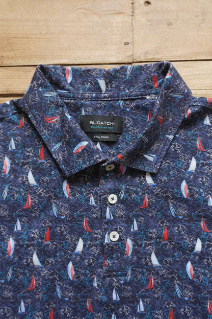 Polo Shirt Bugatchi Dark Blue Sail Boat Print Men's Large Short Sleeve Summer Top