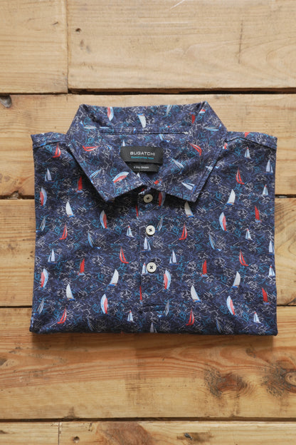 Polo Shirt Bugatchi Dark Blue Sail Boat Print Men's Large Short Sleeve Summer Top