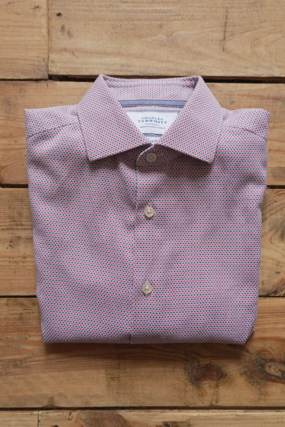 Charles Tyrwhitt Shirt Slim Fit Non Iron 15 1/2 Inch Men's Medium Red Blue Dot Geo Print Long Sleeve