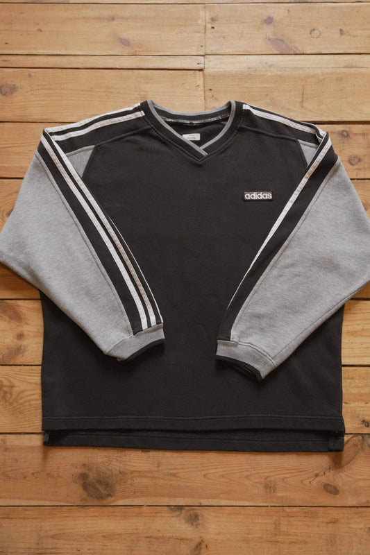 Vintage Adidas Sweatshirt Black White Grey V-neck White Arm Stripes Men's XL