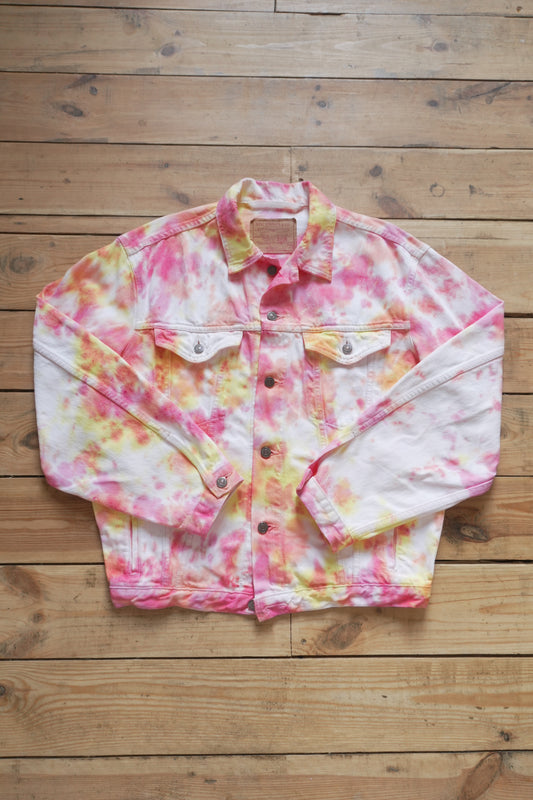 Vintage Levis Tie Dye Denim Jacket Pink Orange Yellow Men's Large Oversized Festival