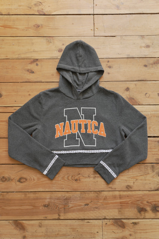 Vintage Nautica Cropped Hoodie Grey Orange White Lace Trim XL Rework Up-cycled