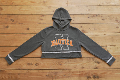 Vintage Nautica Cropped Hoodie Grey Orange White Lace Trim XL Rework Up-cycled