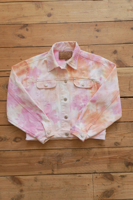Vintage Tie Dye Denim Jacket Pastel Pink Coral Orange Etam Size 10 Festival Rave