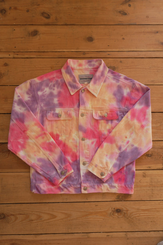 Vintage Denim Jacket Tie Dye Bay Trading Pink Orange Purple Size 10 Festival Rave