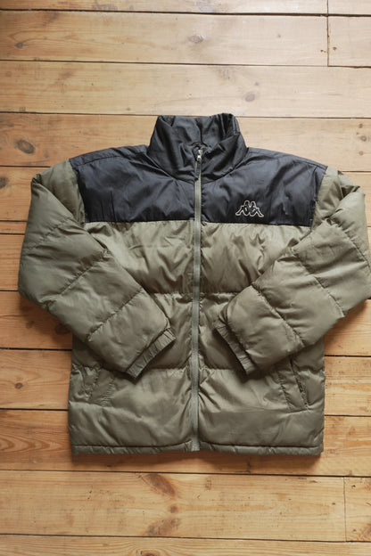 Kappa Puffer Jacket 90's VIntage Coat Khaki Green Black Men's Medium Turtleneck Full Zip White Logo