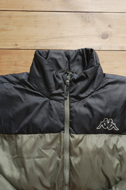 Kappa Puffer Jacket 90's VIntage Coat Khaki Green Black Men's Medium Turtleneck Full Zip White Logo