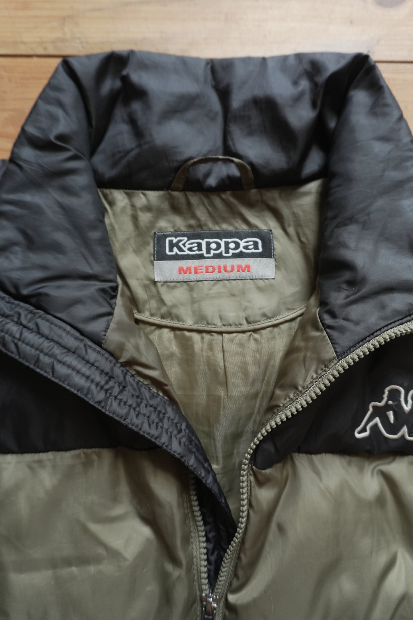 Kappa Puffer Jacket 90's VIntage Coat Khaki Green Black Men's Medium Turtleneck Full Zip White Logo