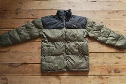 Kappa Puffer Jacket 90's VIntage Coat Khaki Green Black Men's Medium Turtleneck Full Zip White Logo