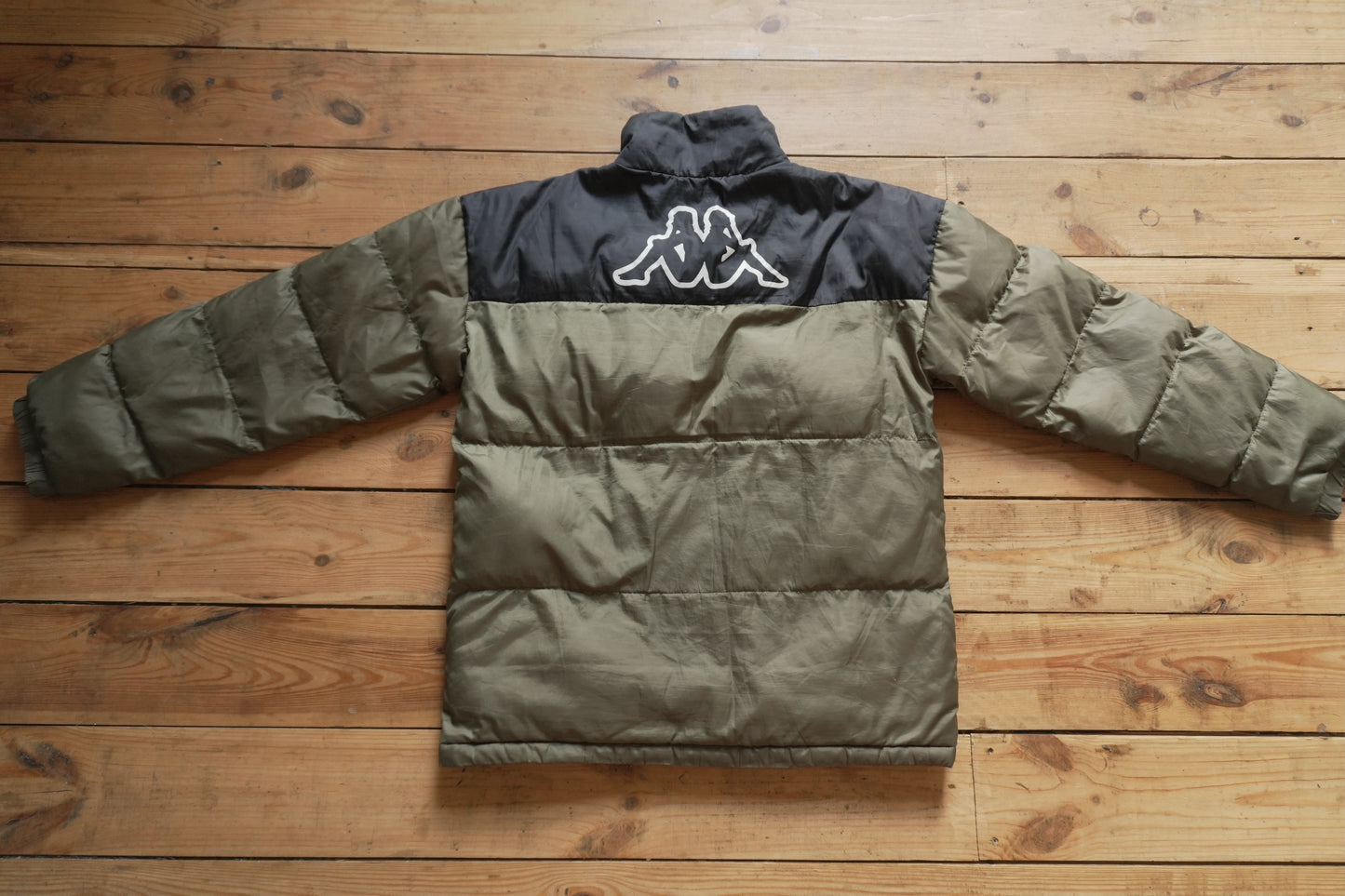 Kappa Puffer Jacket 90's VIntage Coat Khaki Green Black Men's Medium Turtleneck Full Zip White Logo